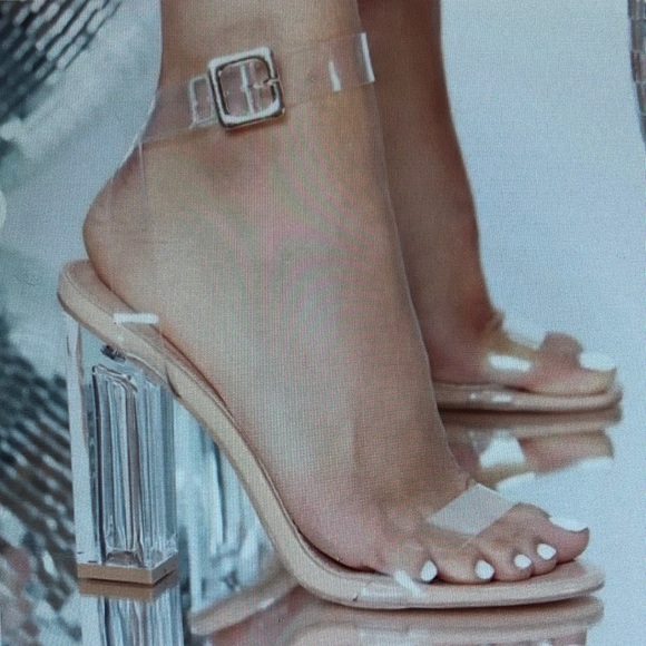 Shoes - Clear Strap Nude Block Heel Sandals
